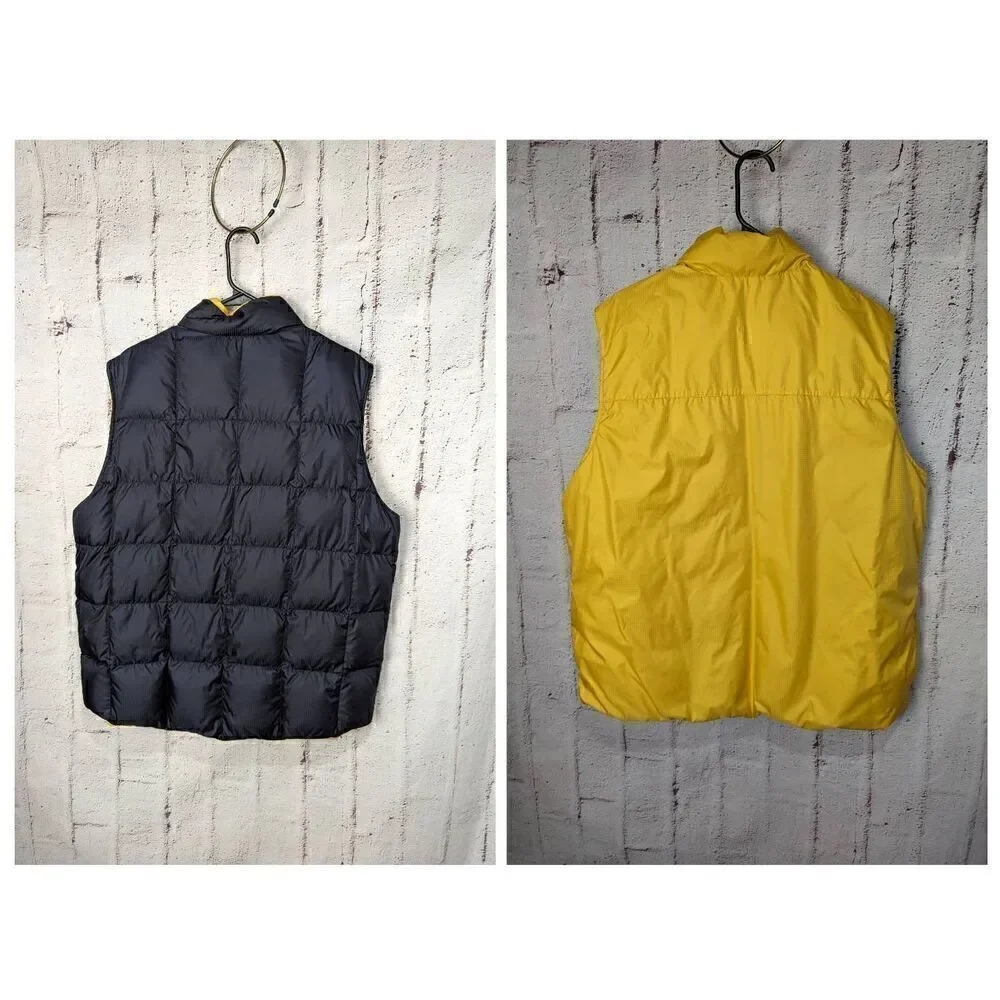 Lands End Vest Large L Black Yellow Goose Down Mens Puffer Full Zip Up Reversibl